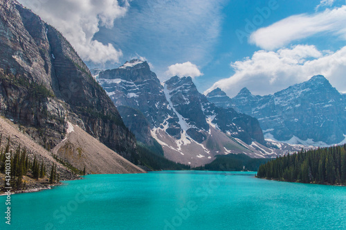 Famous Canadian lake with amazing blue color and big mountains 
