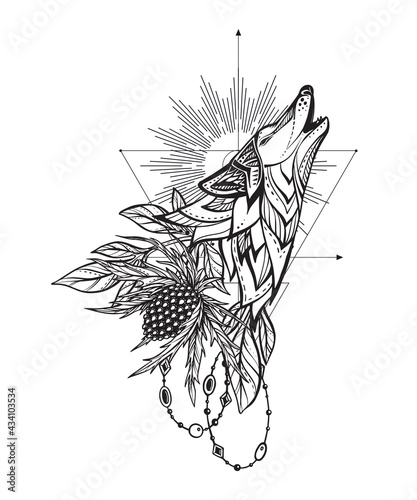 Vector illustration of black and white wolf, feverweed flower, beads, sacral geometric simbols isolated on white background.