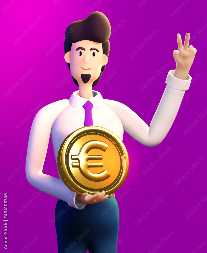 Happy, successful businessman holds Golden Euro coin. 3D render illustration. Business, banking, consulting, business start up concept Happy, successful businessman holds Golden Euro coin. 3D render illustration. Business, banking, consulting, business start up concept