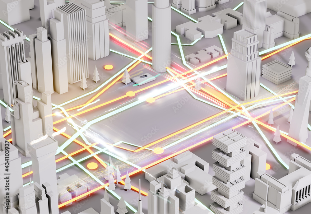 3D Render Abstract city. Modern City plan, streets and skyscrapers with neon traffic lights. Business planning, strategy and investment 3D Render Abstract city. Modern City plan, streets and skyscrapers with neon traffic lights. Business planning, strategy and investment