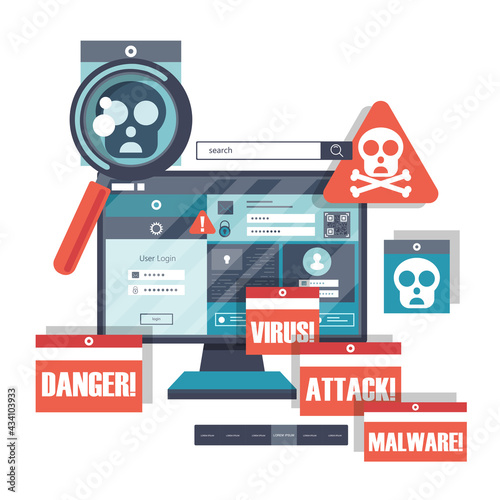 Malware concept. Concept of virus, piracy, hacking and security. Website banner of e-mail protection, anti-malware software. Computer Viruses Attack, Errors detected, Warning signs, Stealing data.