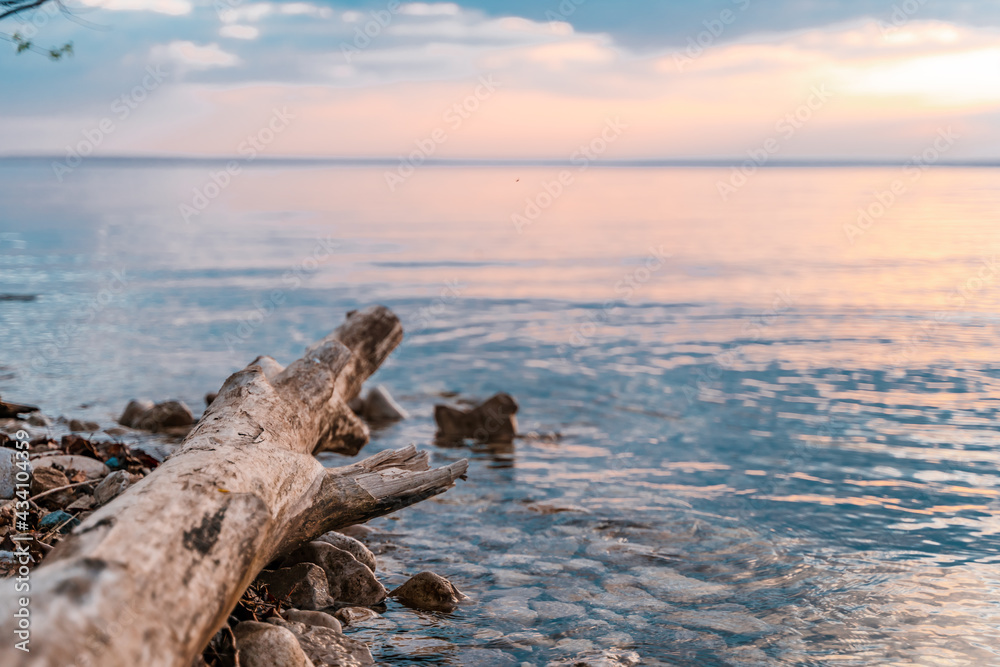 Scenic view of a beautiful sunset or sunrise over a river on a spring evening with a cloudy sky background and stick trees in the foreground. Landscape. Water reflection. Scenic view of a beautiful sunset or sunrise over a river on a spring evening with a cloudy sky background and stick trees in the foreground. Landscape. Water reflection.