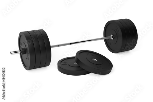 Fototapeta Naklejka Na Ścianę i Meble -  Barbell with chrome handle and black plates in front on floor on white background, sport, fitness, exercise or weightlift concept
