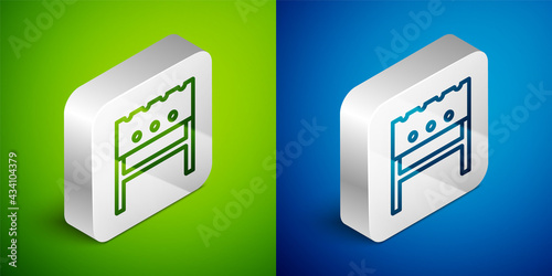 Isometric line BBQ brazier icon isolated on green and blue background. Silver square button. Vector