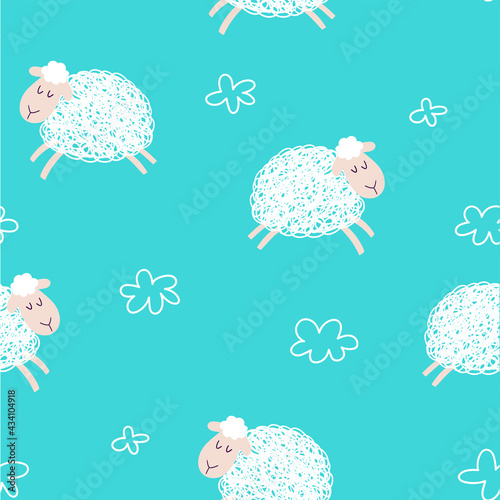 Cute cartoon sheep seamless pattern background. Sheep and clouds on a blue background. Children's vector pattern. For the design of textiles, fabric, wallpaper, wrapping paper.