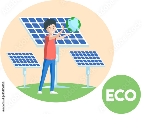 Alternative sources of energy. Production of green electricity without harm to environment. Creation of environmentally friendly energy. Boy standing with globe in his hands near solar panels