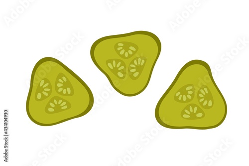 Pickled cucumbers pieces. Overhead view of isolated sliced ring. Vegetable for the Mediterranean or vegan diet. Flat design style for menu, cafe, restaurant, poster, banner, emblem, sticker.