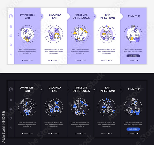 Ear infectious states onboarding vector template. Responsive mobile website with icons. Web page walkthrough 5 step screens. Swimmer ear night and day mode concept with linear illustrations