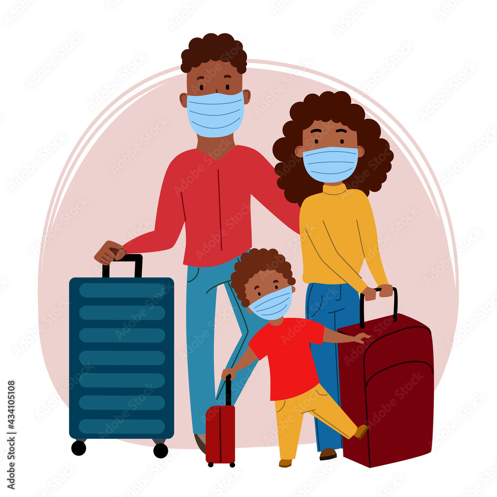 a black family of tourists, a man, a woman and a child, wearing masks and carrying suitcases. Prevention of coronavirus, covid-19. Travel and tourism during the pandemic. Flat vector illustration.