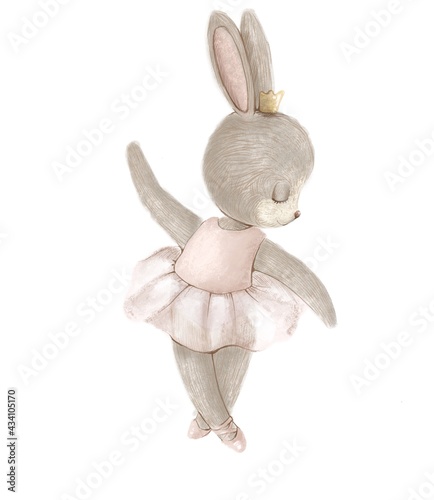 Hand drawn watercolor illustartion of a baby rabbit with ballet dancer accesoires