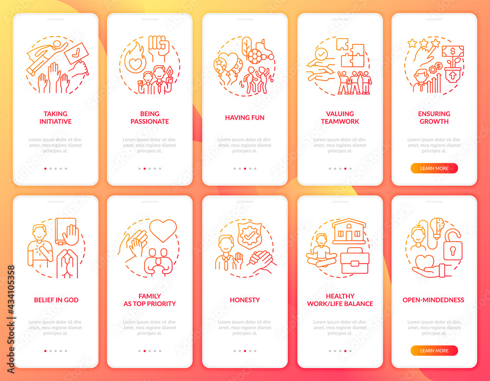 Naklejka premium Organizational, unique ideals onboarding mobile app page screen with concepts set. Healthy balance walkthrough 5 steps graphic instructions. UI, UX, GUI vector template with linear color illustrations