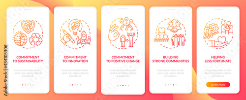 Corporate essential ideals onboarding mobile app page screen with concepts. Helping less fortunate walkthrough 5 steps graphic instructions. UI, UX, GUI vector template with linear color illustrations