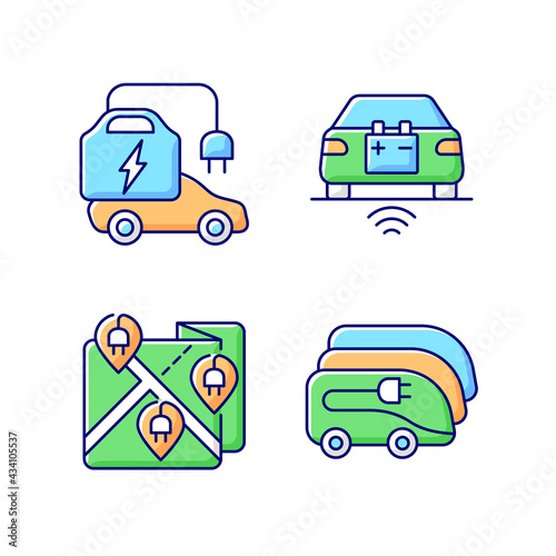 Electric vehicle charging RGB color icons set. Charging time of electromobiles. Money spent for electricity on smart charging stations. Isolated vector illustrations