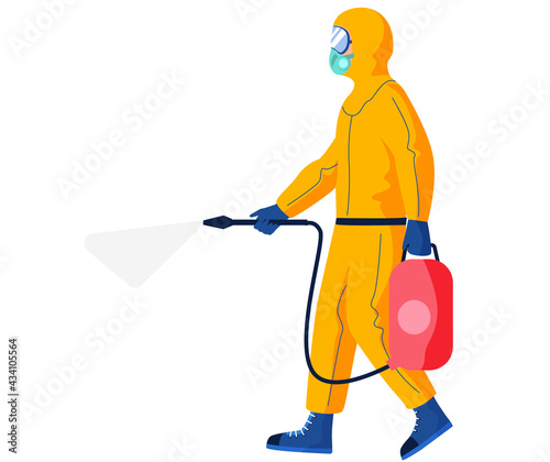 Disinfectant worker wearing hazmat suit is disinfecting. Preventive measures concept. Character in protective outfit isolated on white background. Man sprays disinfectant liquid from special balloon