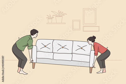New apartment and relocating concept. Young smiling couple man and woman cartoon characters carrying sofa during relocating and changing apartment vector illustration 
