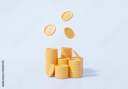 Money dollar stacks and Floating , coins Business investment, growth calculate Finance saving concept. on pestel sky blue background, 3D rendering photo
