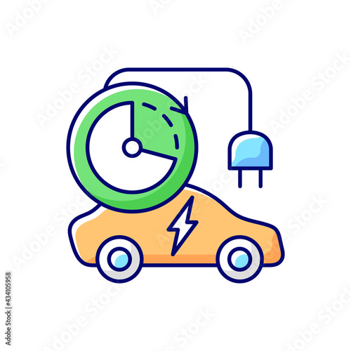 Charging time RGB color icon. Time spent to fill up battery of electromobiles. Charging speed of electricity station. Natural fuel. Isolated vector illustration