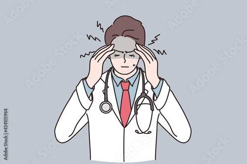 Working during COVID-19 epidemic concept. Portrait of stressed man doctor cartoon character wearing white working uniform feeling stressed during Coronavirus pandemic vector illustration 