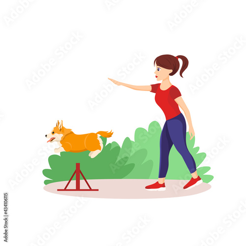 Vector illustration in cartoon style isolated on white background. Girl training her pet in the park. Happy welsh corgi having agility lesson. Jump command