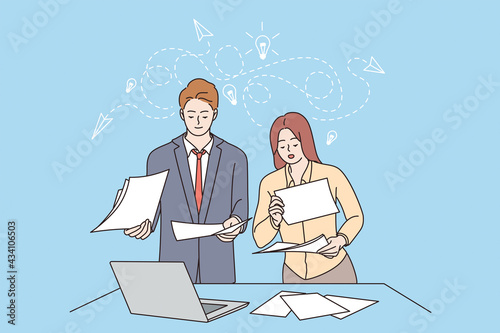 Innovation, Teamwork, new ideas concept. Female and male business partners workers colleagues standing discussing business ideas with documents in office together vector illustration 