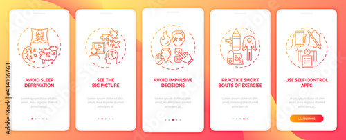 Self-control boosting tips red onboarding mobile app page screen with concepts. Decision making walkthrough 5 steps graphic instructions. UI, UX, GUI vector template with linear color illustrations
