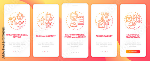 Self-management skills red onboarding mobile app page screen with concepts. Productivity walkthrough 5 steps graphic instructions. UI, UX, GUI vector template with linear color illustrations