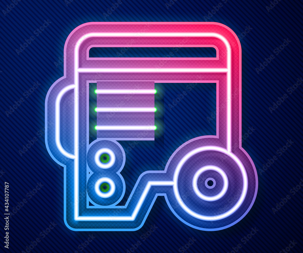 Glowing neon line Portable power electric generator icon isolated on blue background. Industrial and home immovable power generator. Vector Glowing neon line Portable power electric generator icon isolated on blue background. Industrial and home immovable power generator. Vector
