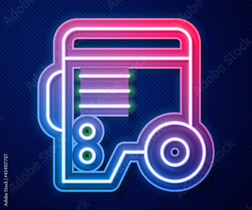 Glowing neon line Portable power electric generator icon isolated on blue background. Industrial and home immovable power generator. Vector