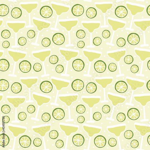 Margarita cocktail vector seamless pattern with lime slices and champagne coupe glass. 