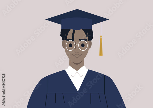 A graduation ceremony, a portrait of a male Black student wearing a gown and a cap