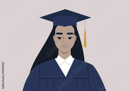 A graduation ceremony, a portrait of a female Asian student wearing a gown and a cap