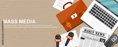Mass media background in a flat style. Multimedia news, newspaper. Tv show. Internet radio, television. Press conference with correspondent and reporter. Broadcasting. 