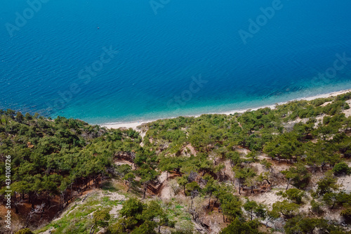 Aerial view of coastline with blue sea and highest cliff. Summer day on sea in Anapa