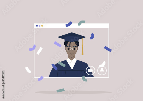 An online graduation ceremony, a portrait of a male Black student wearing a gown and a cap
