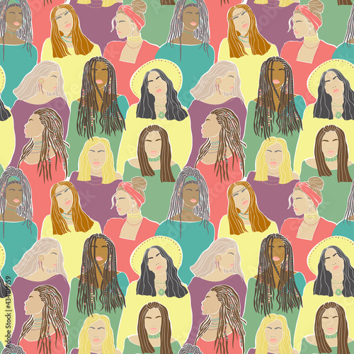 Trendy seamless pattern woman face braids, great design for any purposes.Vector graphic. Girl character designon white background. Fashion sketch. Feminism concept. Drawing style. Cute people. photo