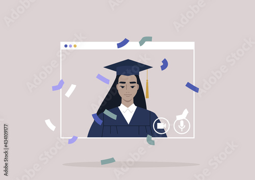An online graduation ceremony, a portrait of a female Asian student wearing a gown and a cap