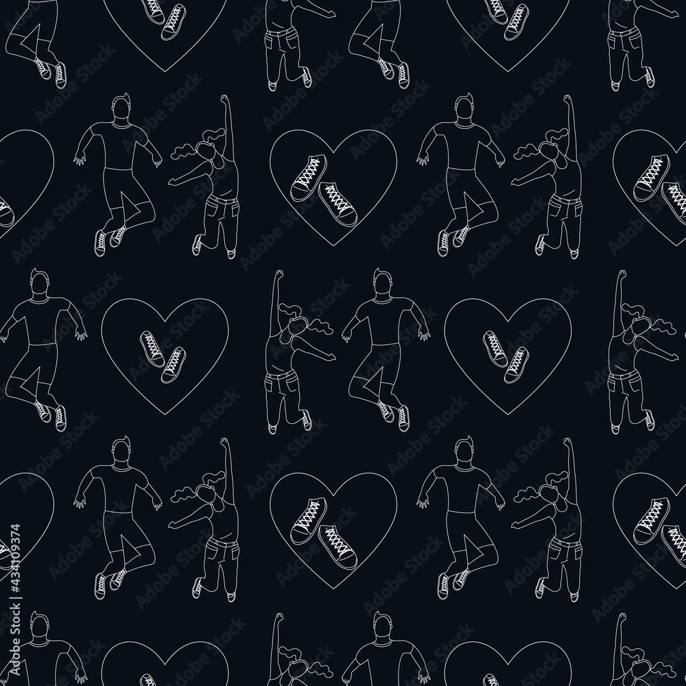 Seamless pattern with silhouettes of young happy couple in jumping poses with hearts. Stock vector illustration. Seamless pattern with silhouettes of young happy couple in jumping poses with hearts. Stock vector illustration.