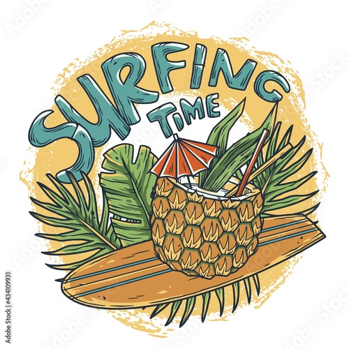 Surfing hawaii cocktail on surf bord for t-shirt print. tropical surfbord and drink pineapple for tiki bar or beach bar
