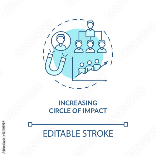 Increasing circle of impact blue concept icon. Social media marketing. Leadership and personal influence idea thin line illustration. Vector isolated outline RGB color drawing. Editable stroke