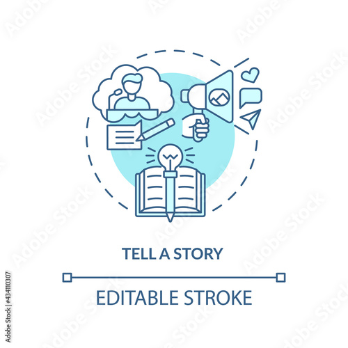 Tell story blue concept icon. Define your principles. Brand storytelling. Engaging target audience idea thin line illustration. Vector isolated outline RGB color drawing. Editable stroke
