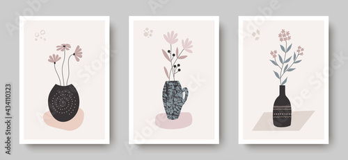 Vases, pots with plants. Grunge background. Modern contemporary art set. Wall art design. Cover, poster, logo, branding concept. Hand drawn grunge texture.