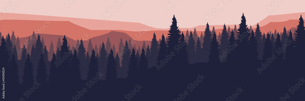 Fototapeta premium simple minimalist forest mountain flat design vector illustration for web banner, background template, wallpaper, tourism banner template and adventure design template