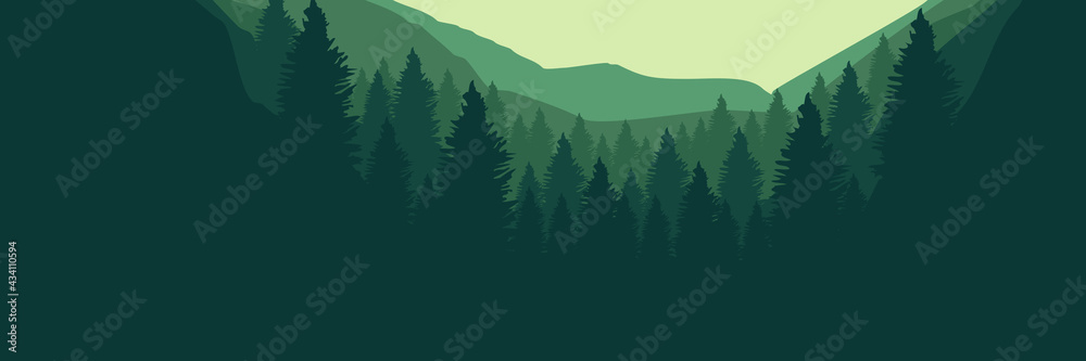 green forest mountain flat design vector illustration for web banner, background template, wallpaper, tourism banner template and adventure design template