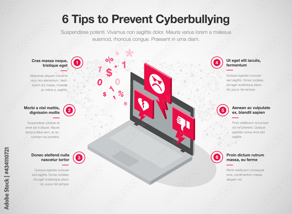 Simple infographic template for 6 tips to prevent cyberbullying. Easy to use for your website or presentation. Simple infographic template for 6 tips to prevent cyberbullying. Easy to use for your website or presentation.