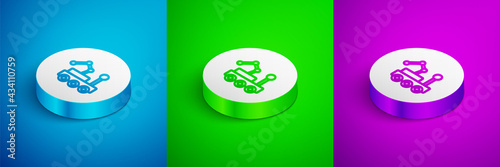 Isometric line Mars rover icon isolated on blue, green and purple background. Space rover. Moonwalker sign. Apparatus for studying planets surface. White circle button. Vector