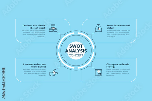 Simple concept for swot analysis concept with four steps and place for your description - blue version. Flat infographic design template for website or presentation.	
