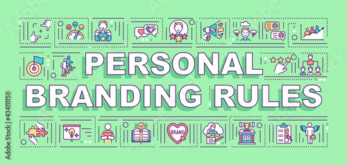 Personal branding rules word concepts banner. Bloggers smm development. Infographics with linear icons on green background. Isolated typography. Vector outline RGB color illustration