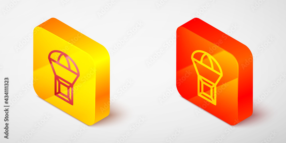 Isometric line Box flying on parachute icon isolated on grey background. Parcel with parachute for shipping. Delivery service, air shipping. Yellow and orange square button. Vector Isometric line Box flying on parachute icon isolated on grey background. Parcel with parachute for shipping. Delivery service, air shipping. Yellow and orange square button. Vector