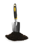 Trowel and soil on white background. Gardening tool