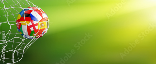 green soccer background with ball in goal